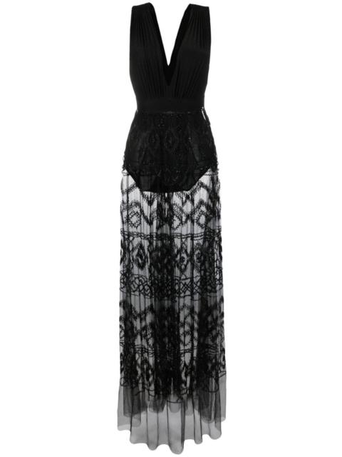 Rhombus-embroidered plunge-neck long dress