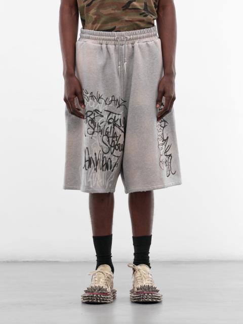 Gray Graffiti Drop Crotch Shorts