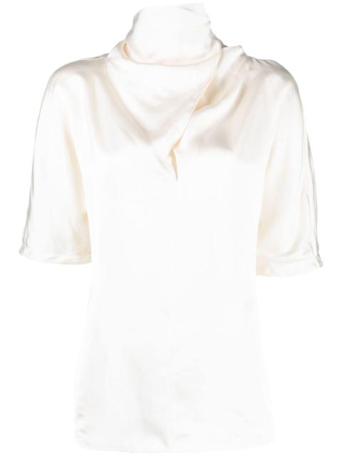 high-neck silk blouse