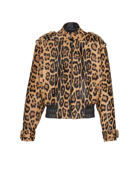 Ponyskin-style leather bomber jacket with leopard pattern