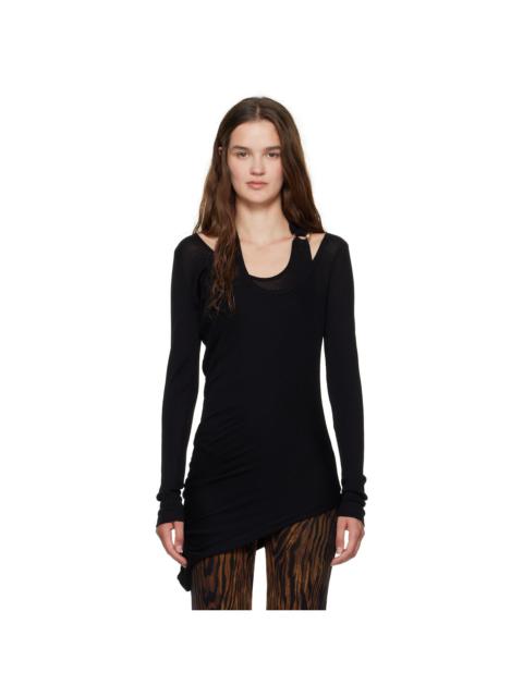 Black Ribbed Twisted Double Layer Piercing T-shirt