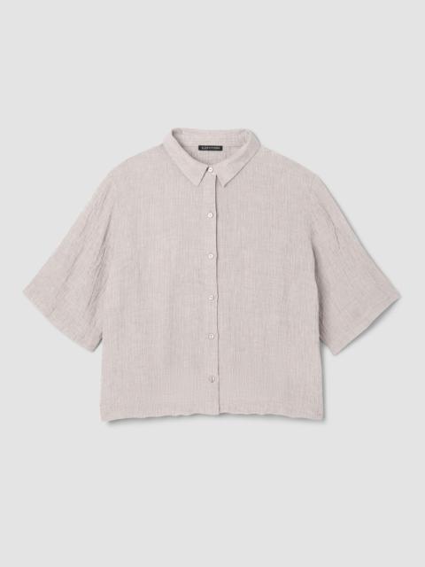 Puckered Organic Linen Stripe Elbow-Sleeve Shirt