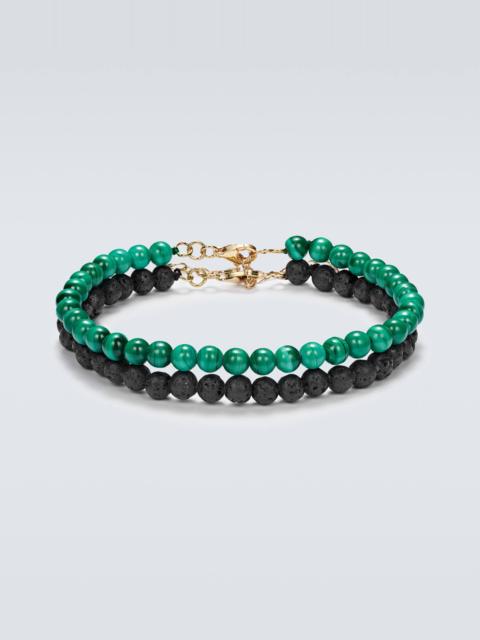 Set of 2 14kt gold beaded bracelets with malachite and lava rock
