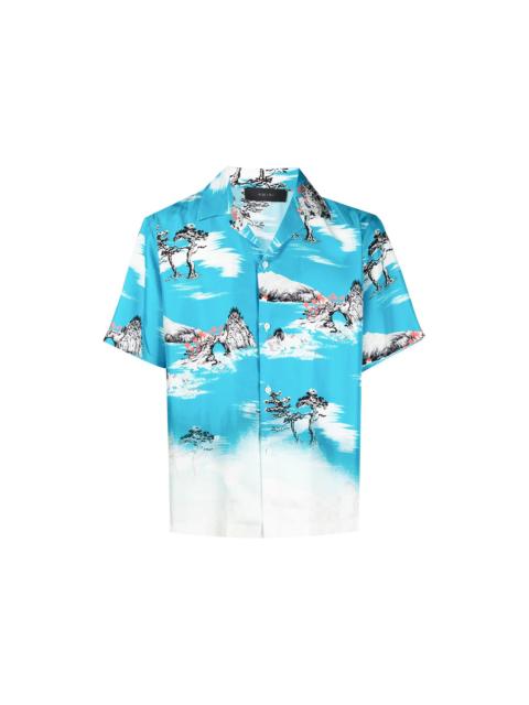 AMIRI Faded Aloha Silk Shirt Cyan Blue