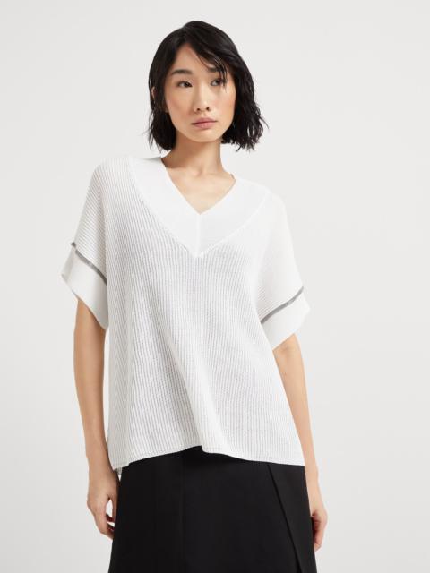 Cotton English rib knit T-shirt with precious trims