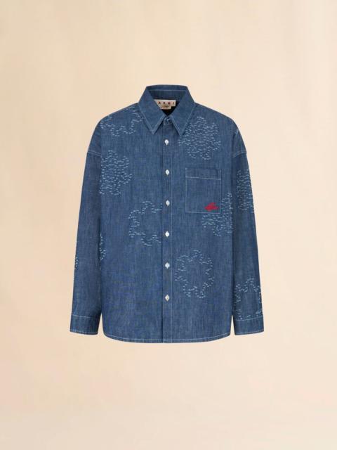 BLUE CHAMBRAY OVERSIZED SHIRT WITH FRAYED SUN MOTIF