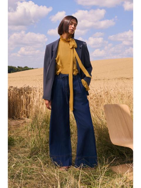 Denim Tie Waist Wide Leg Tailored Trouser