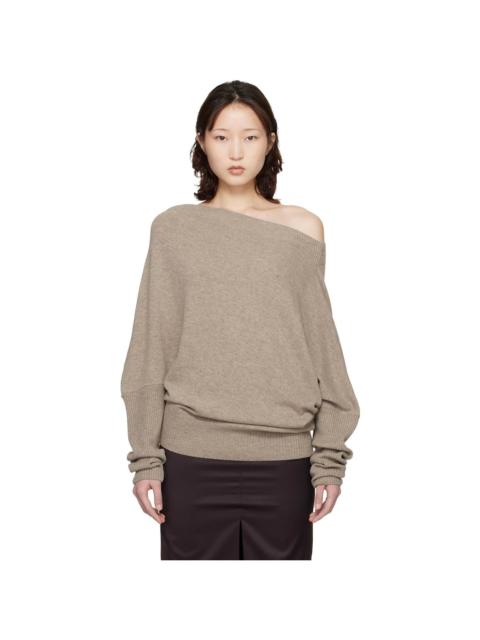 Taupe Merino Wool Off-Shoulder Sweater