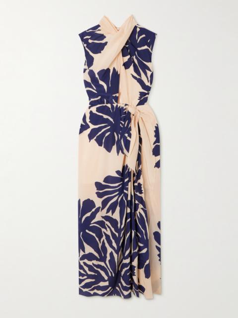 City Wonders Tie-front Cutout Draped Printed Silk Crepe De Chine Midi Dress