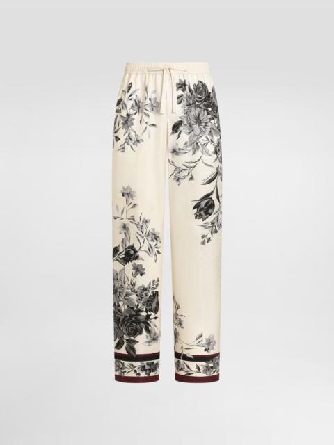 Flower bouquet-print vanity twill trousers