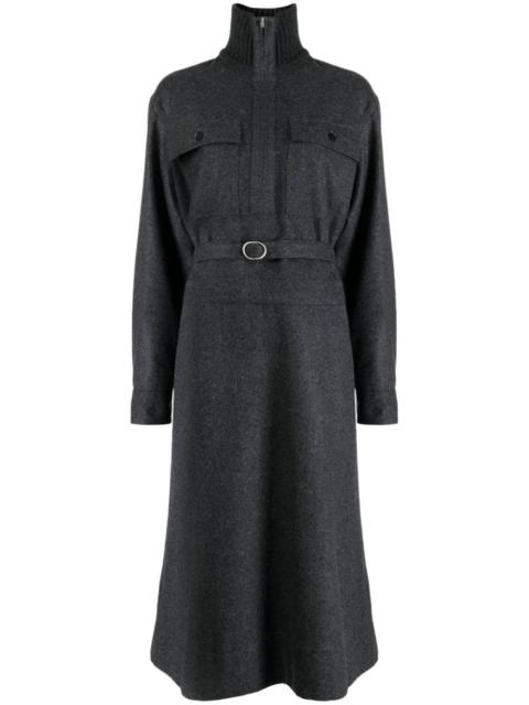 long-sleeve belted midi shirtdress