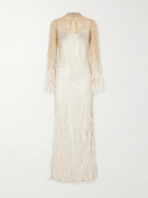 Mia Embellished Feather-trimmed Tulle Gown