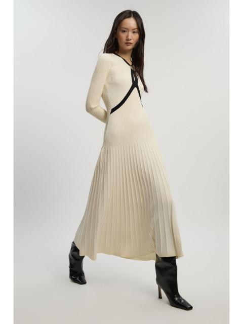 Rib Knit Trim Detail Full Skirt Midi Dress