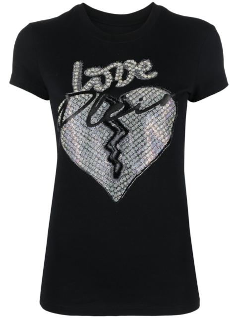 heart-motif rhinestone-embellished T-shirt