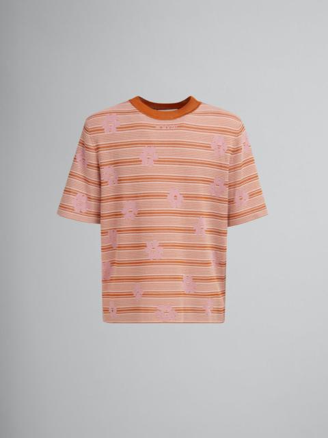 PINK COTTON-VISCOSE STRIPED KNIT T-SHIRT WITH FLORAL MOTIF