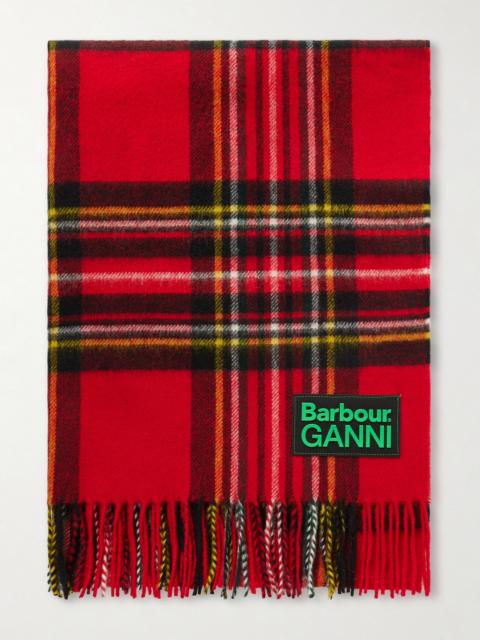 + Ganni Fringed Appliquéd Checked Wool Scarf