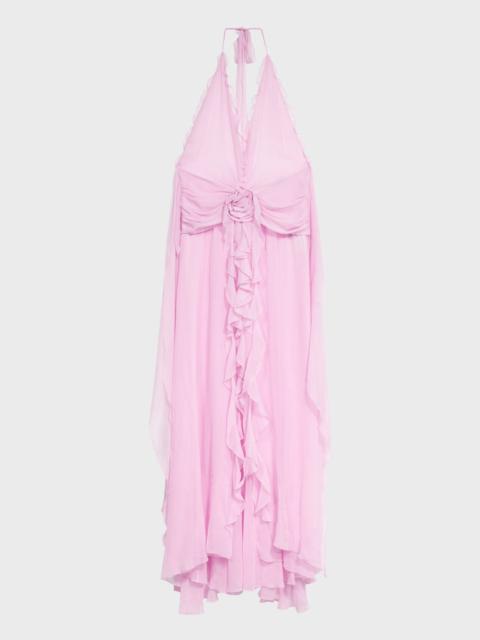 LONG VISCOSE GEORGETTE DRESS WITH ROSE AND RUFFLES