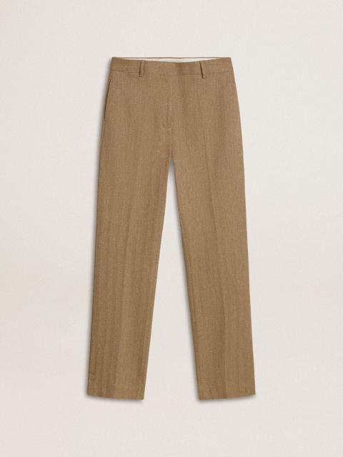 Women's trousers in a sand-colored herringbone linen blend