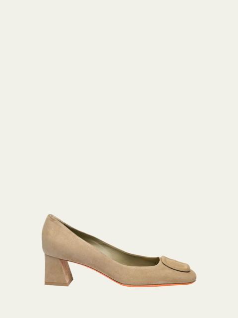 Suede Block Heel Buckle Pumps