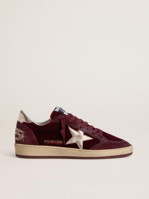 Women's Ball Star in burgundy velvet with gold metallic leather star and heel tab