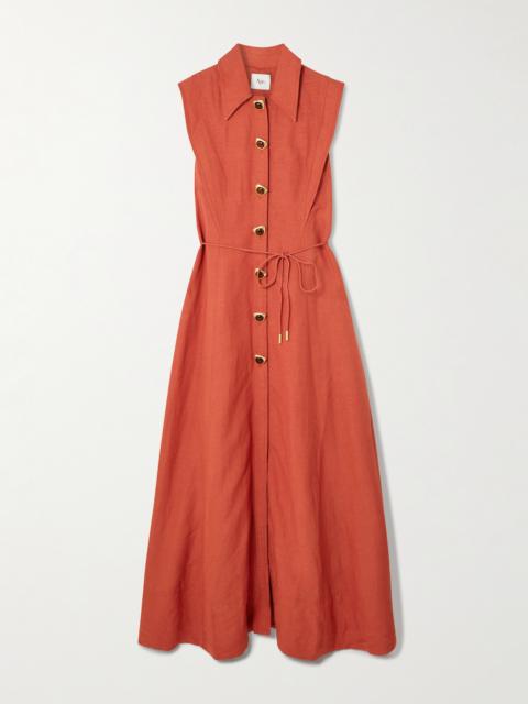 Belted Embellished Linen-blend Maxi Shirt Dress