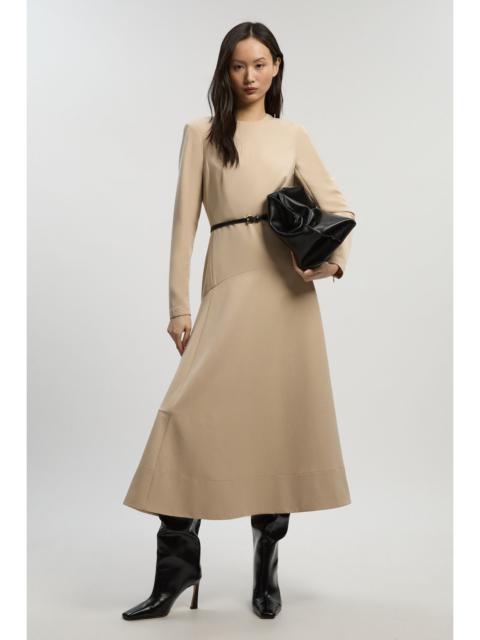 Twill Drop Waist Detail Long Sleeve Belted Woven Midi Dress