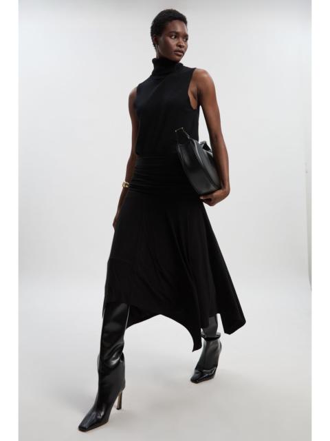 Stretch Drapey Crepe Ruched Hanky Hem Midi Skirt