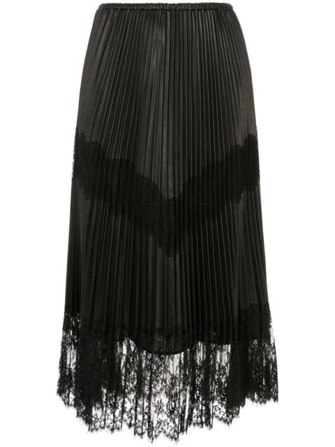 pleated lace trim midi skirt