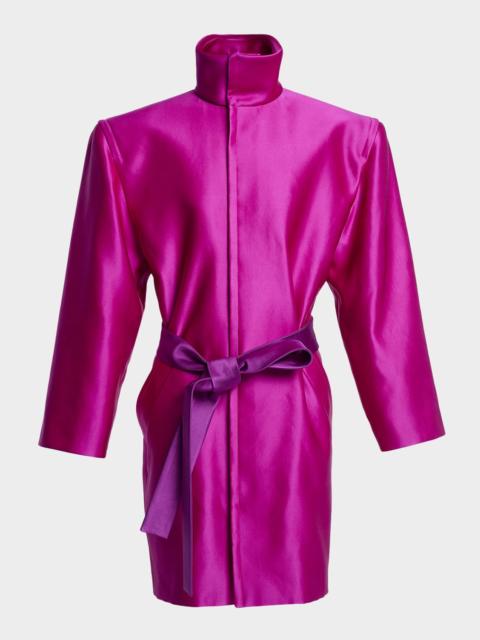 Strong-Shoulder Belted Silk Jacket