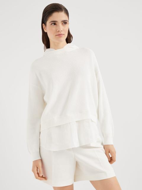 Cotton organza and English rib knit faux-layered sweatshirt with detachable hood and monili