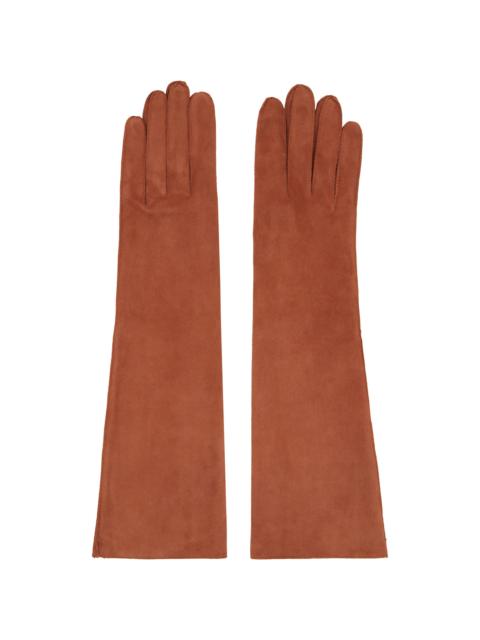 Brown Long Slim Suede Gloves