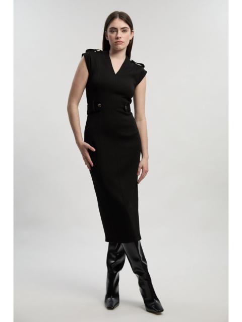 Ponte Trim Belt Detail Midi Pencil Dress