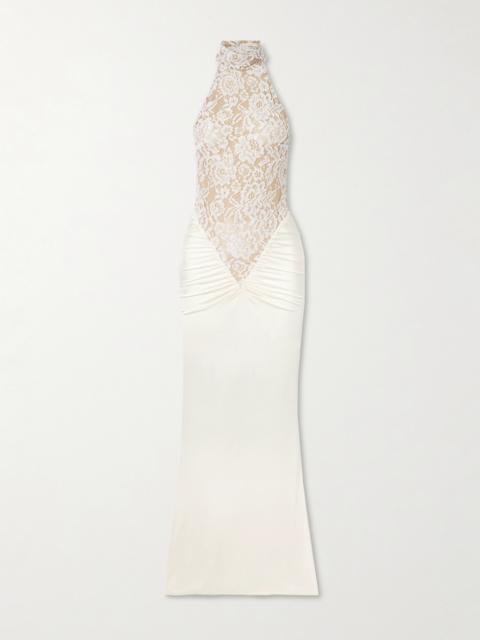 Cass Gathered Lace-trimmed Satin-jersey Halterneck Gown