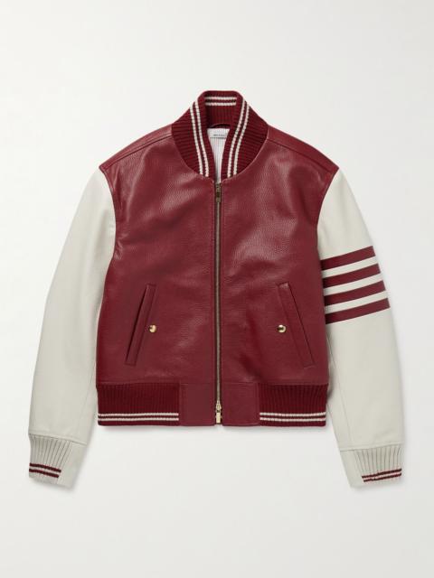 Striped Full-Grain Leather Bomber Jacket Burgundy