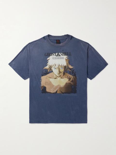 + Ghost in the Shell Distressed Printed Cotton-Jersey T-Shirt Navy