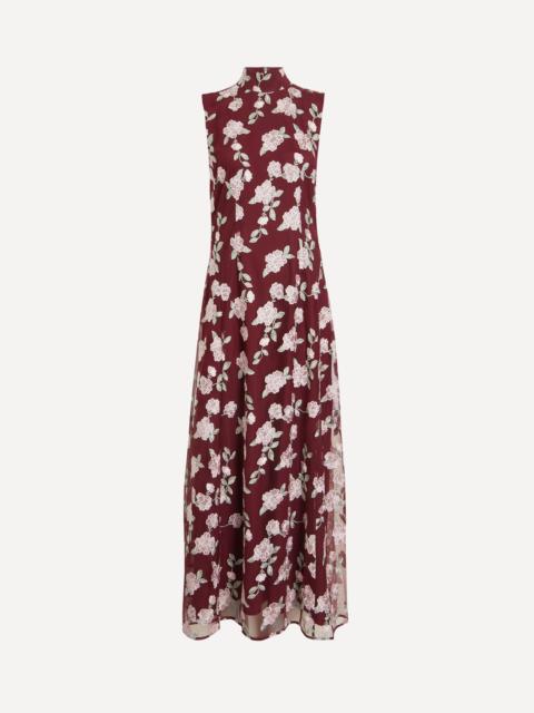 Sleeveless Bordeaux Flower Print Maxi Dress