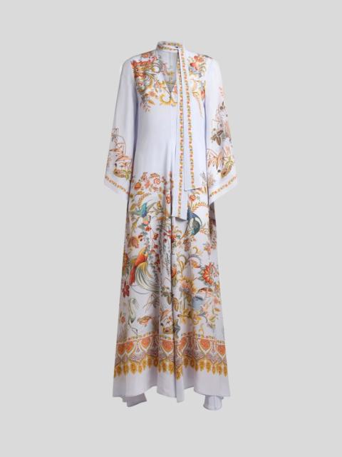 LONG SILK DRESS WITH SILK SCARF AND PLACED FLORA AND FAUNA PRINT