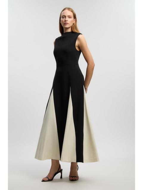 Compact Stretch Tailored Colour Block Full Skirted Midi Dress
