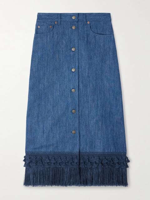 Tasseled Fringed Denim Midi Skirt