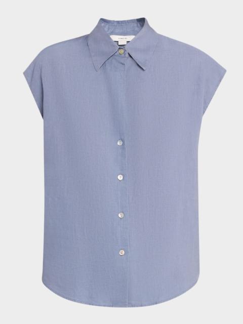 Cap-Sleeve Linen Button-Front Blouse