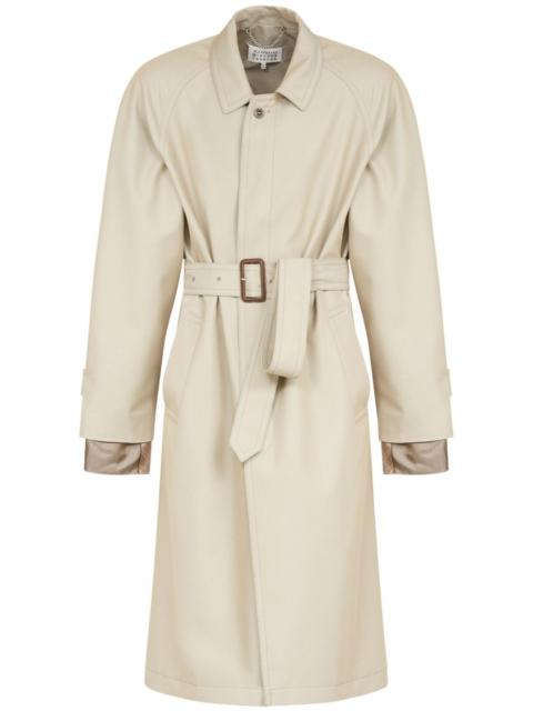 layered belted trench coat