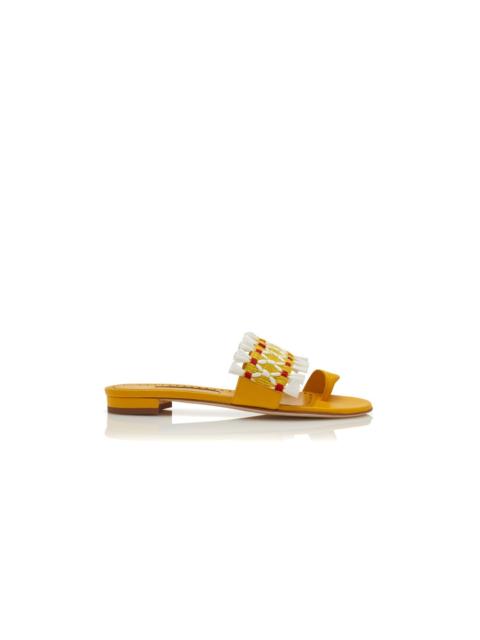 Yellow Nappa Leather Raffia Detail Flat Mules