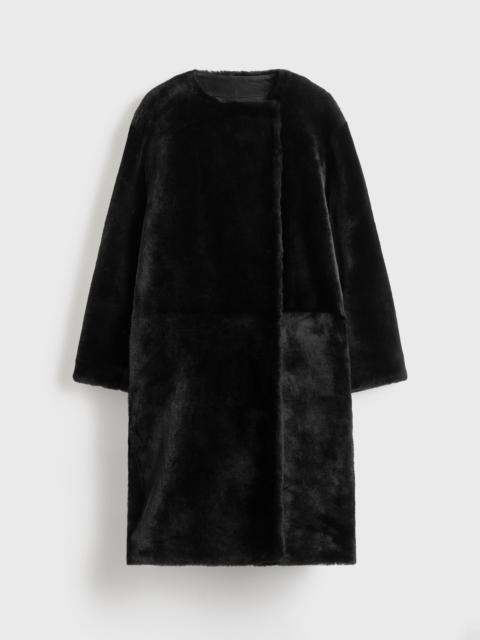 Collarless shearling coat black