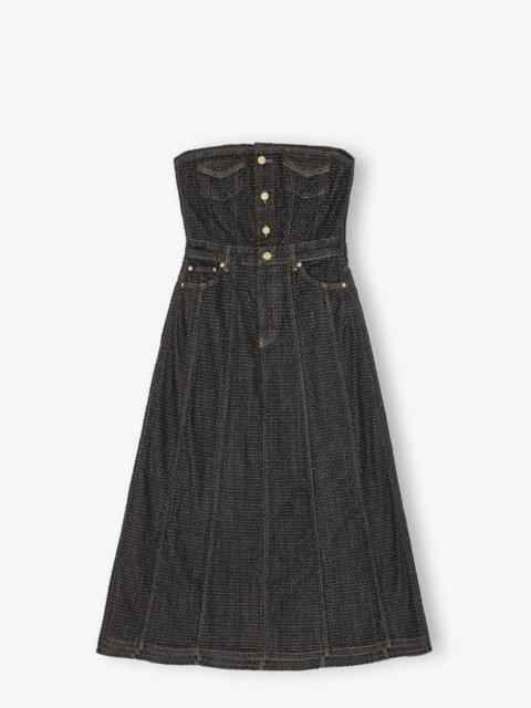 BLACK FLUFFY DENIM CORSAGE DRESS