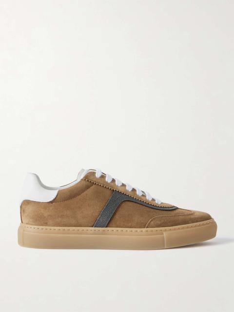 Bead-embellished leather-trimmed suede sneakers