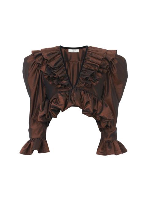 CROPPED V-NECK RUFFLE TOP IN WASHED SILK TAFFETA