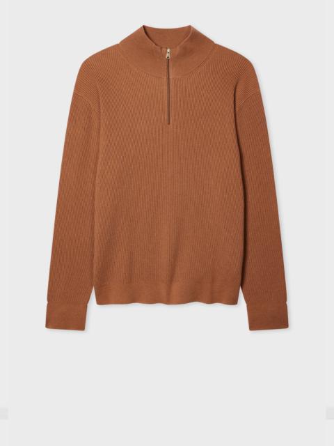 Chestnut Wool-Blend Half Zip Ribbed Knitted Sweater