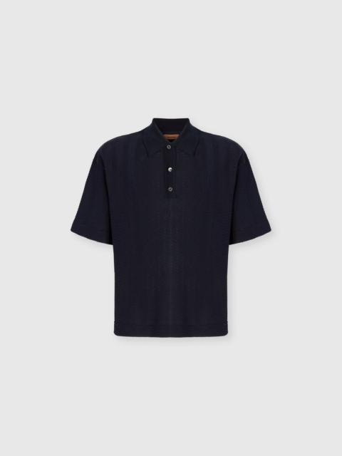 Cotton and viscose polo shirt with tone-on-tone zigzag