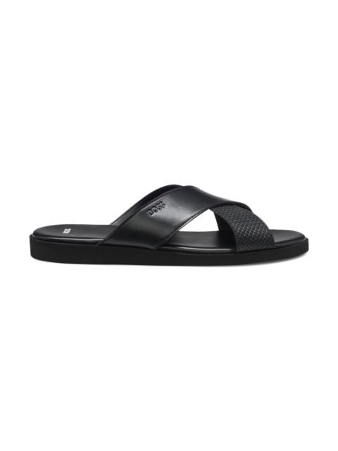 FAUX-LEATHER SLIDES WITH PLAIN AND PATTERNED STRAPS