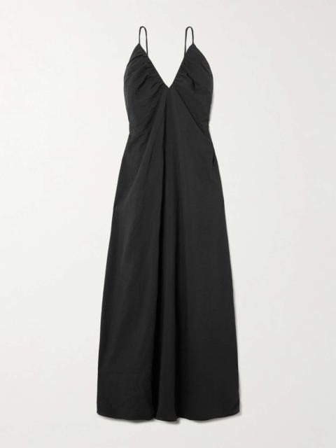 Gathered open-back silk-blend crepe maxi dress Black